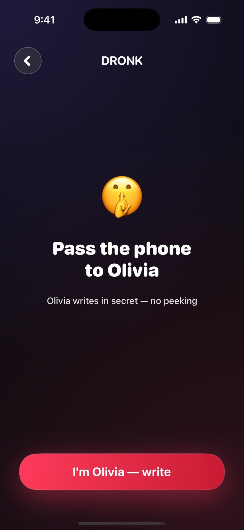 판도라의 상자의 쓰기 넘김 화면: Pass the phone to Olivia, Olivia writes in secret, no peeking, 그리고 I'm Olivia, write 버튼