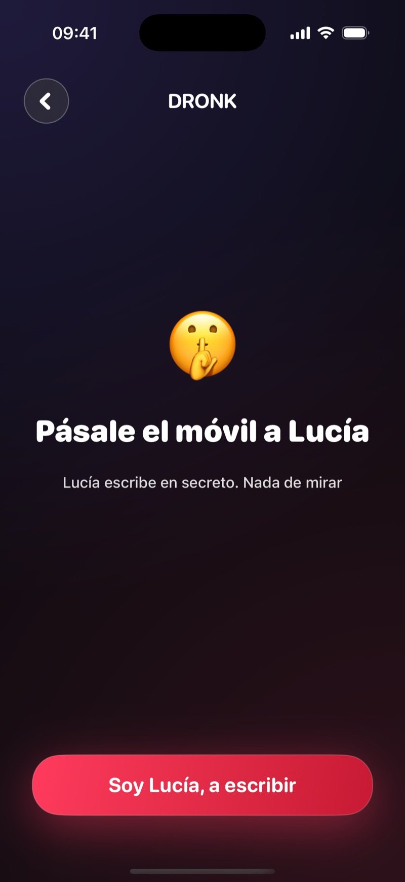 Pantalla de pase de turno para escribir en La Caja de Pandora: Pass the phone to Olivia, Olivia writes in secret, no peeking, con un botón I'm Olivia, write (captura de la versión en inglés)