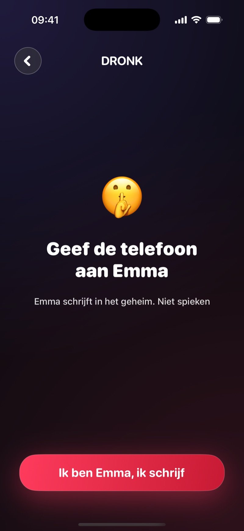 Doorgeefscherm bij het schrijven in De Doos van Pandora: Pass the phone to Olivia, Olivia writes in secret, no peeking, met een knop I'm Olivia, write (screenshot van de Engelse versie)