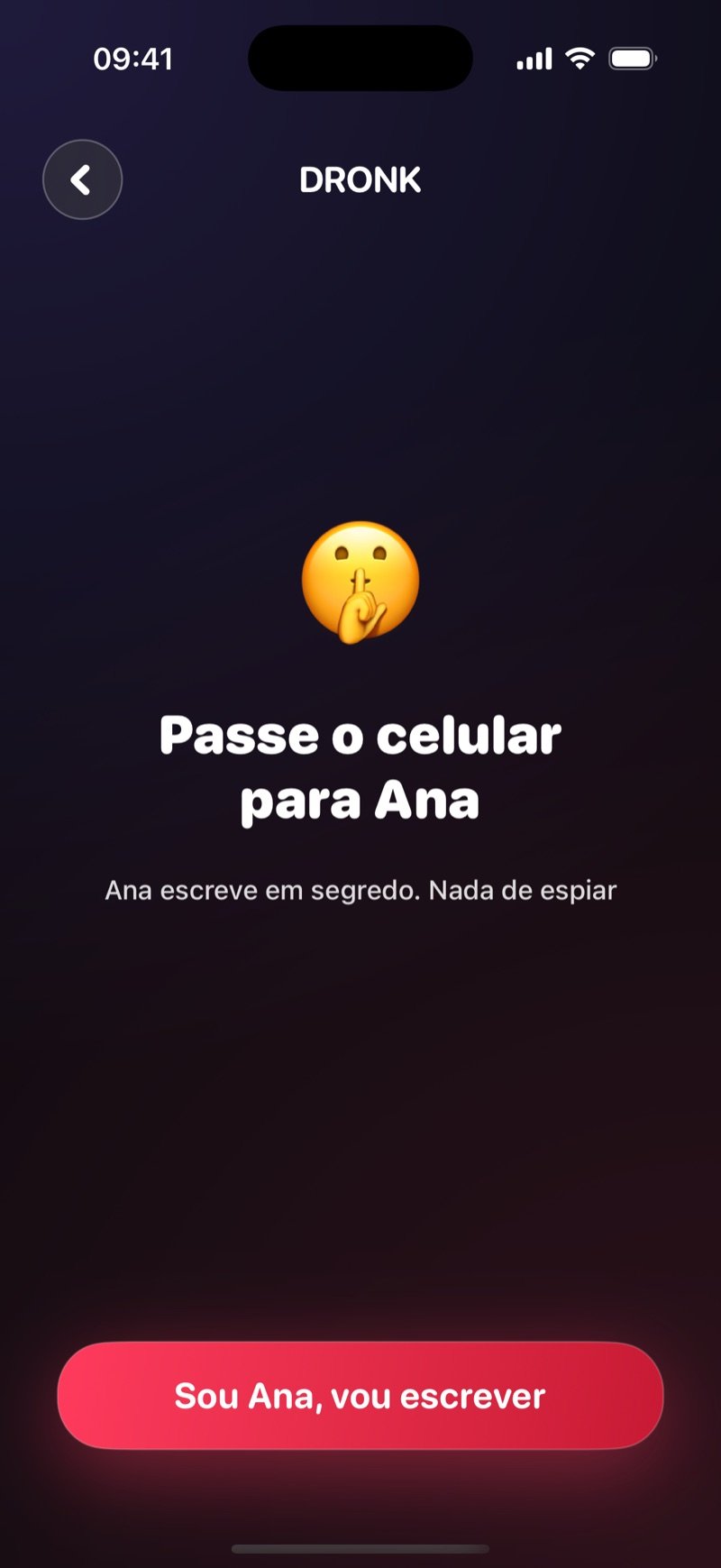 Tela de passagem para a escrita na Caixa de Pandora: Pass the phone to Olivia, Olivia writes in secret, no peeking, com um botão I'm Olivia, write (captura da versão em inglês)