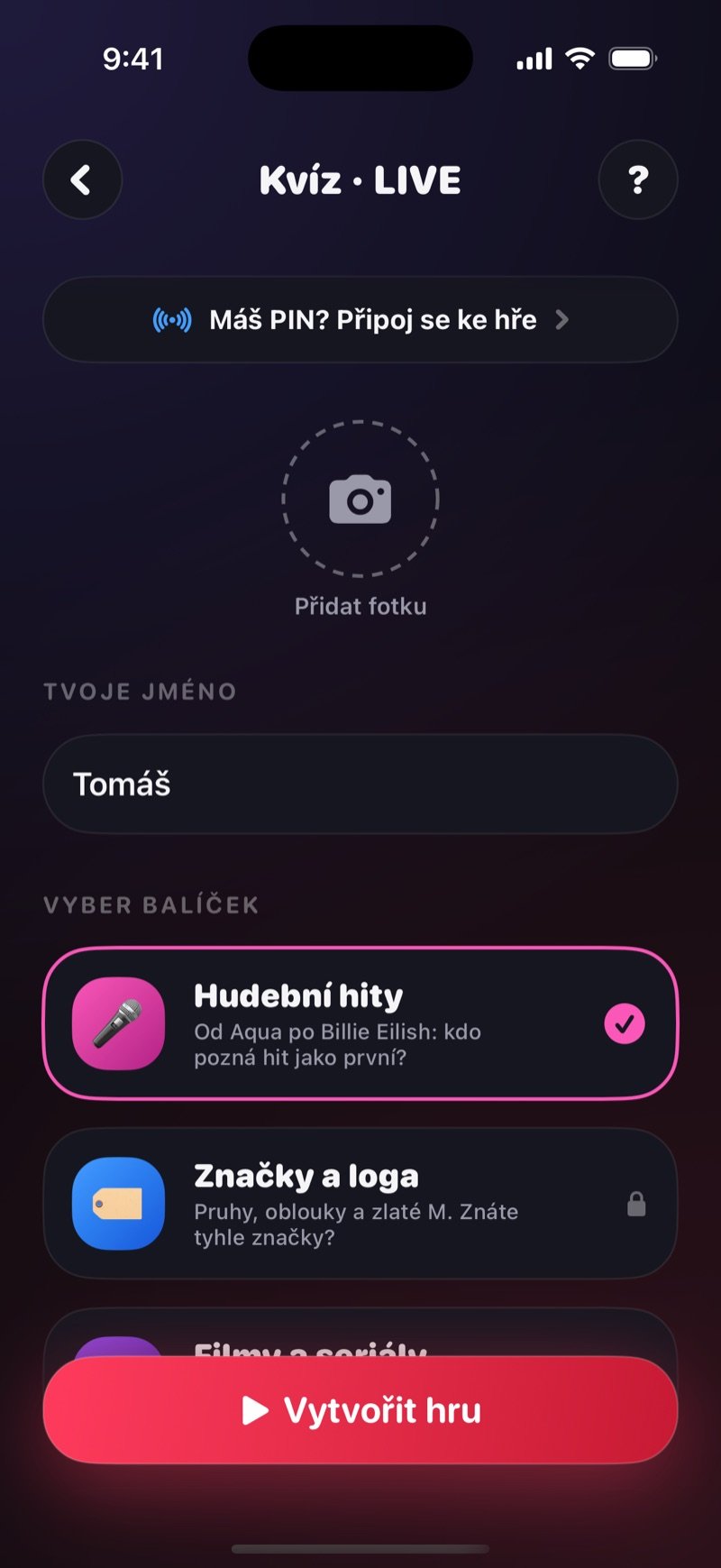 Vytvoření hry Kvíz · LIVE v Dronku: řádek Máš PIN? Připoj se ke hře, kolečko Přidat fotku, pole Tvoje jméno, seznam Vyber balíček s kvízovými balíčky a tlačítko Vytvořit hru