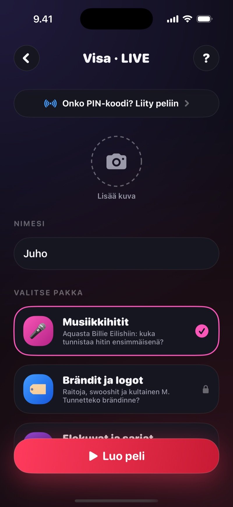 Visa LIVE -pelin luonti Dronkissa: Onko PIN-koodi? Liity peliin -rivi, Lisää kuva -ympyrä, nimikenttä, Valitse pakka -lista, jossa Musiikkihitit on valittuna, ja Luo peli -painike