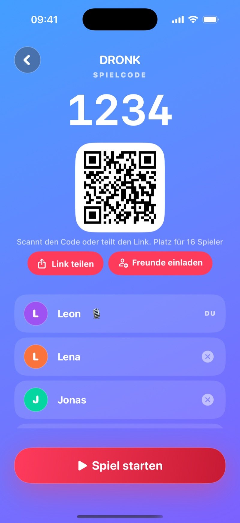 Lobby von Das Quiz in Dronk: Game code 1234, ein Button Share code, der Host Jacob als You markiert, die beigetretenen Spieler Olivia, Jake und Mia, und ein Button Start the game