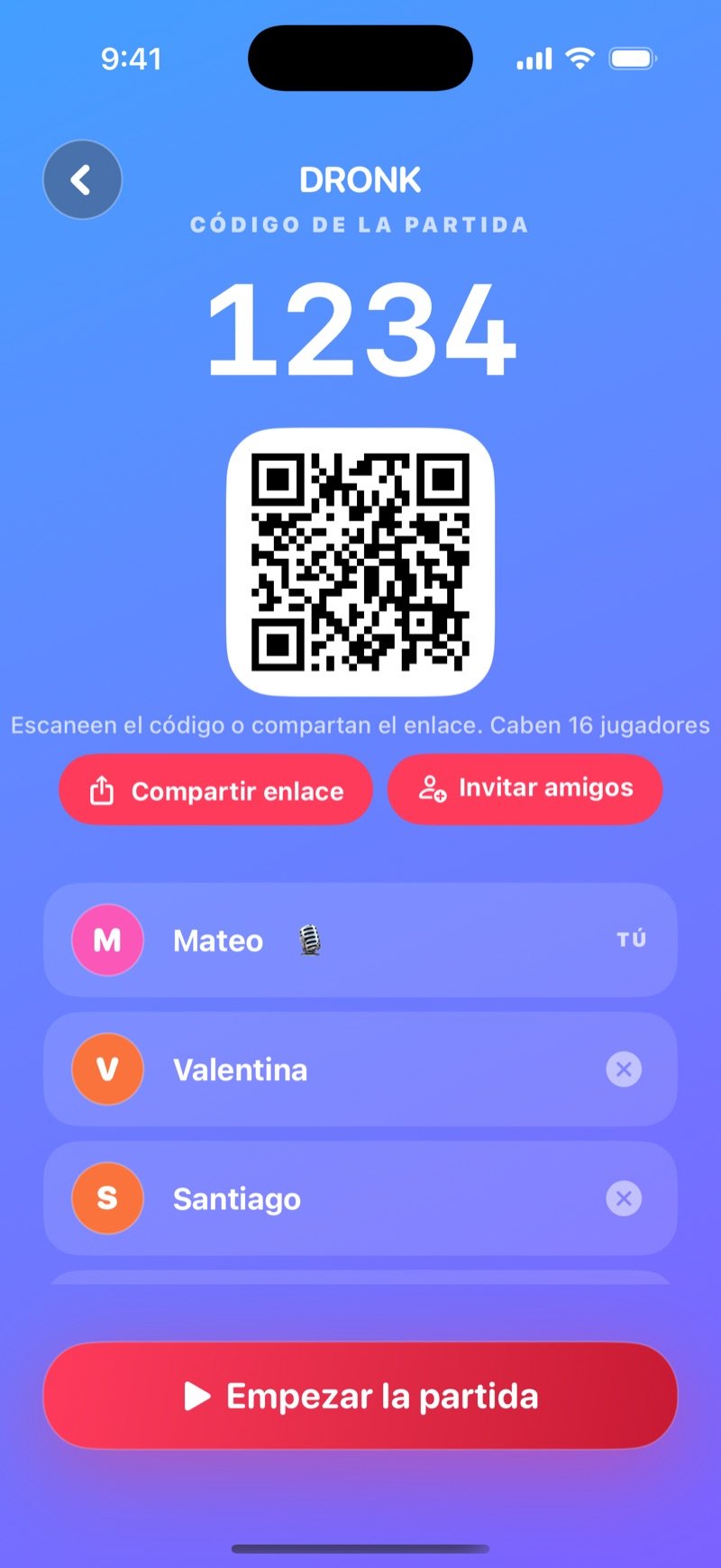 Sala de espera de La Trivia en Dronk: el código de la partida, un botón para compartirlo, el anfitrión y los jugadores que ya se unieron, y el botón para empezar el juego