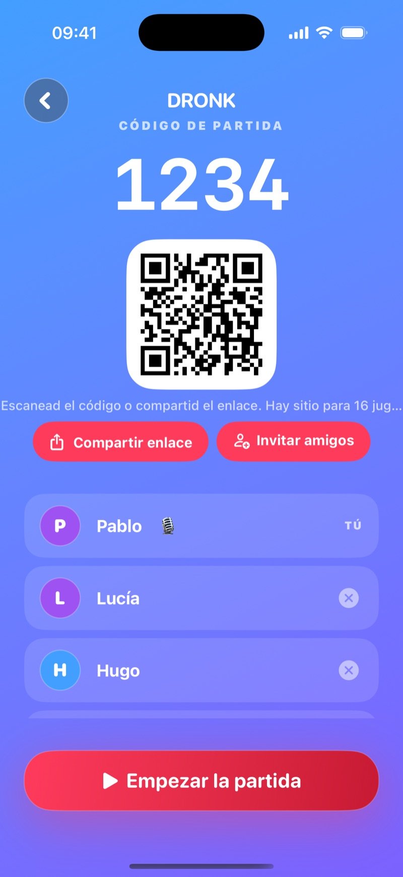 Sala de espera de El Quiz en Dronk: Game code 1234, un botón Share code, el anfitrión Jacob marcado como You, los jugadores Olivia, Jake y Mia ya dentro, y un botón Start the game (captura de la versión en inglés)