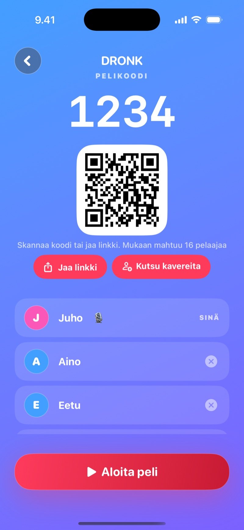 Visa Dronk-sovelluksessa: aula ja PIN-koodi, jolla pelaajat liittyvät