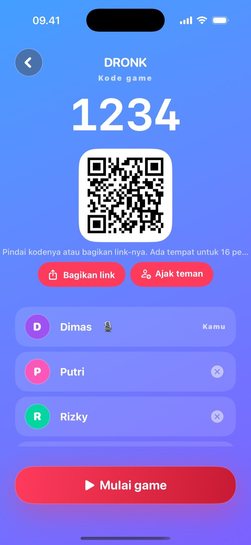 Lobi Kuis di Dronk: kode game 4 angka, tombol untuk membagikan kode, host yang ditandai sebagai kamu, daftar pemain yang sudah gabung dan tombol untuk memulai game