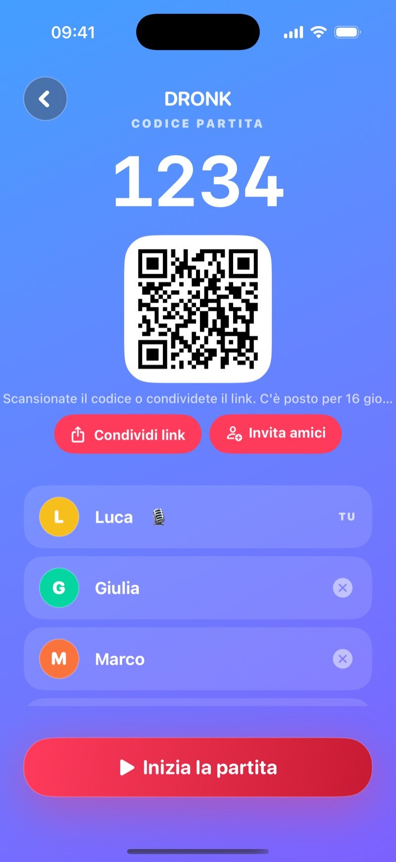 Lobby de Il Quiz in Dronk: Game code 1234, il pulsante Share code, l'host Jacob segnato come You, i giocatori entrati Olivia, Jake e Mia, e il pulsante Start the game (screenshot della versione inglese)