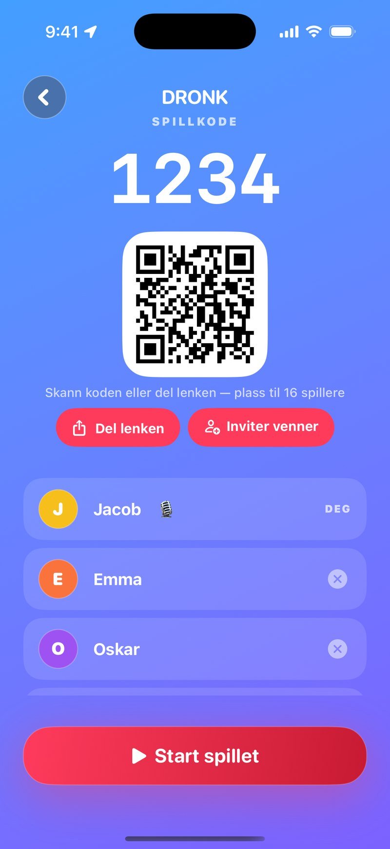 Lobbyen i Quizen i Dronk: overskriften SPILLKODE med koden 1234, en QR-kode, teksten Skann koden eller del lenken med plass til 16 spillere, knappene Del lenken og Inviter venner, spillerne Jacob, Emma og Oskar i lista og knappen Start spillet