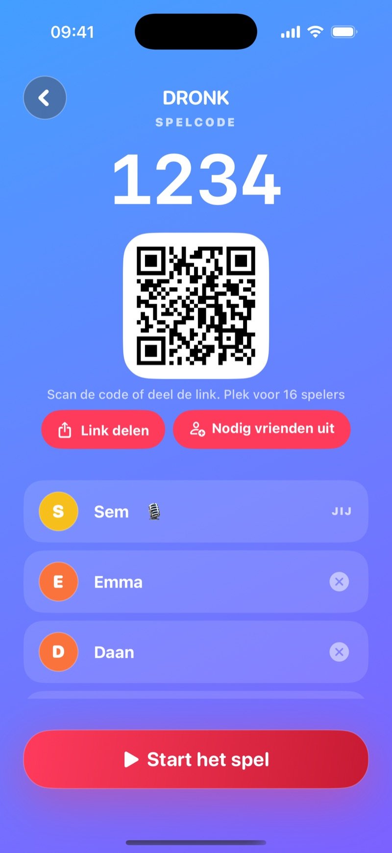 Lobby van De Quiz in Dronk: Game code 1234, een knop Share code, de host Jacob gemarkeerd als You, de spelers Olivia, Jake en Mia die zijn binnengekomen, en een knop Start the game (screenshot van de Engelse versie)
