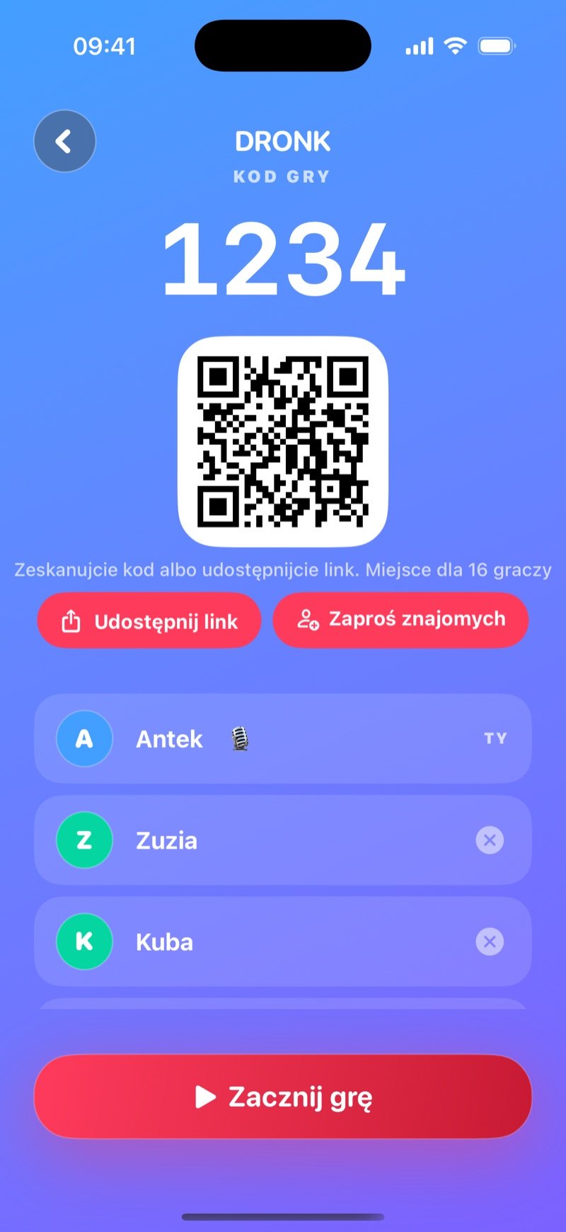 Poczekalnia w Quiz w Dronk: Game code 1234, przycisk Share code, gospodarz Jacob oznaczony You, dołączeni gracze Olivia, Jake i Mia oraz przycisk Start the game (zrzut z wersji angielskiej)
