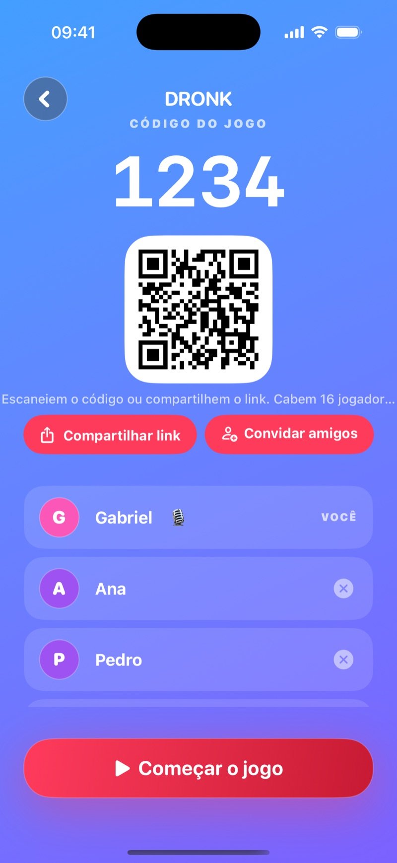 Lobby do Quiz no Dronk: Game code 1234, um botão Share code, o anfitrião Jacob marcado como You, os jogadores Olivia, Jake e Mia já dentro, e um botão Start the game (captura da versão em inglês)