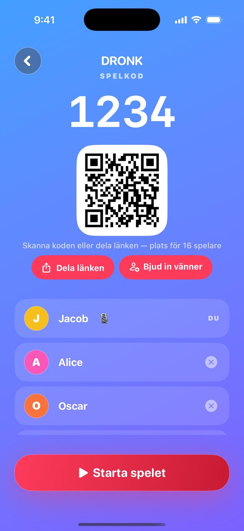 Lobbyn i Quizen: rubriken Spelkod med siffrorna 1234, en QR-kod, raden om att skanna koden eller dela länken, knapparna Dela länken och Bjud in vänner, spelarna Jacob, Alice och Oscar, samt knappen Starta spelet