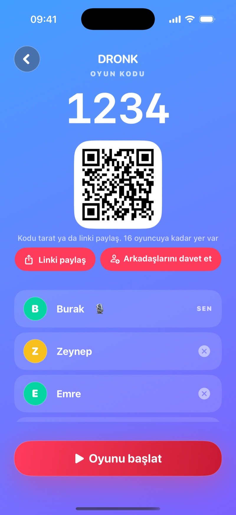 Dronk'ta Quiz bekleme odası: oyun kodu, kodu paylaşma düğmesi, oda sahibi ve katılan oyuncular, ayrıca Oyunu başlat düğmesi