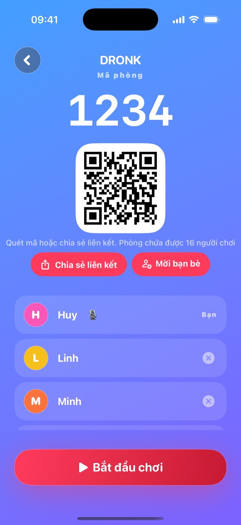 Phòng chờ Đố vui trong Dronk: mã phòng 4 số, nút chia sẻ mã, chủ phòng ở đầu danh sách, những người chơi đã vào và nút Bắt đầu chơi