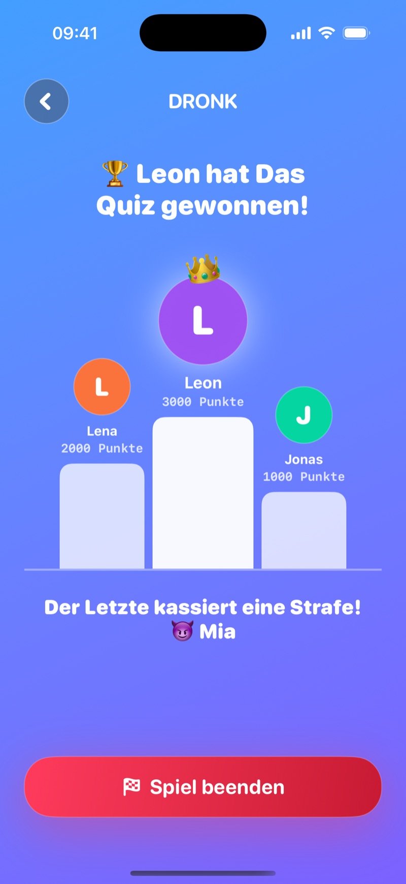 Podium in Das Quiz: Jacob won the Quiz!, drei Podiumsstufen mit Jacob oben bei 3,000 Punkten, Olivia 2,000 und Jake 1,000, die Zeile Last place takes a penalty! Mia, und ein Button End the game