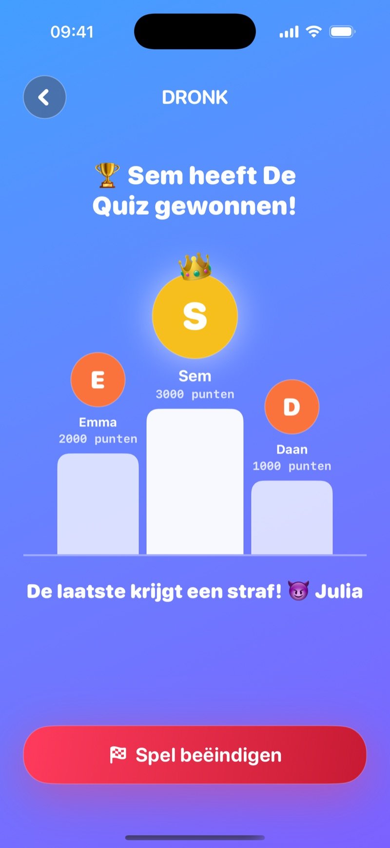 Podium in De Quiz: Jacob won the Quiz!, drie podiumtreden met Jacob bovenaan met 3,000 punten, Olivia 2,000 en Jake 1,000, de regel Last place takes a penalty! Mia, en een knop End the game (screenshot van de Engelse versie)