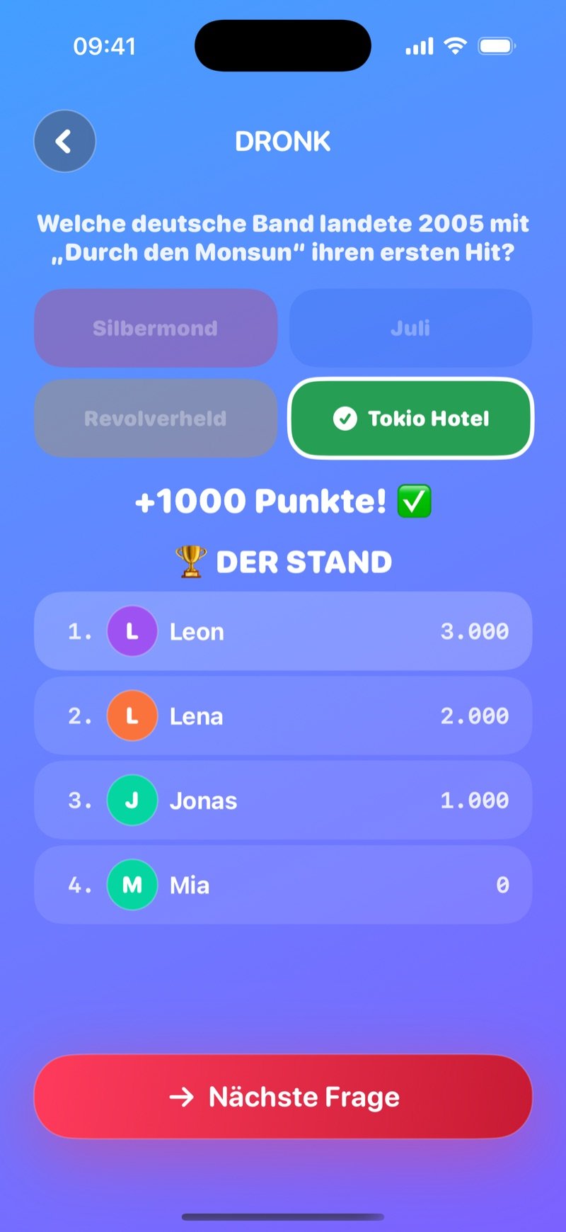 Auflösung in Das Quiz: Who plays Harry Potter in the movies? mit Daniel Radcliffe als richtig markiert, ein Banner +1000 points!, und The Standings: 1. Jacob 3,000, 2. Olivia 2,000, 3. Jake 1,000, 4. Mia 0, dazu ein Button Next question