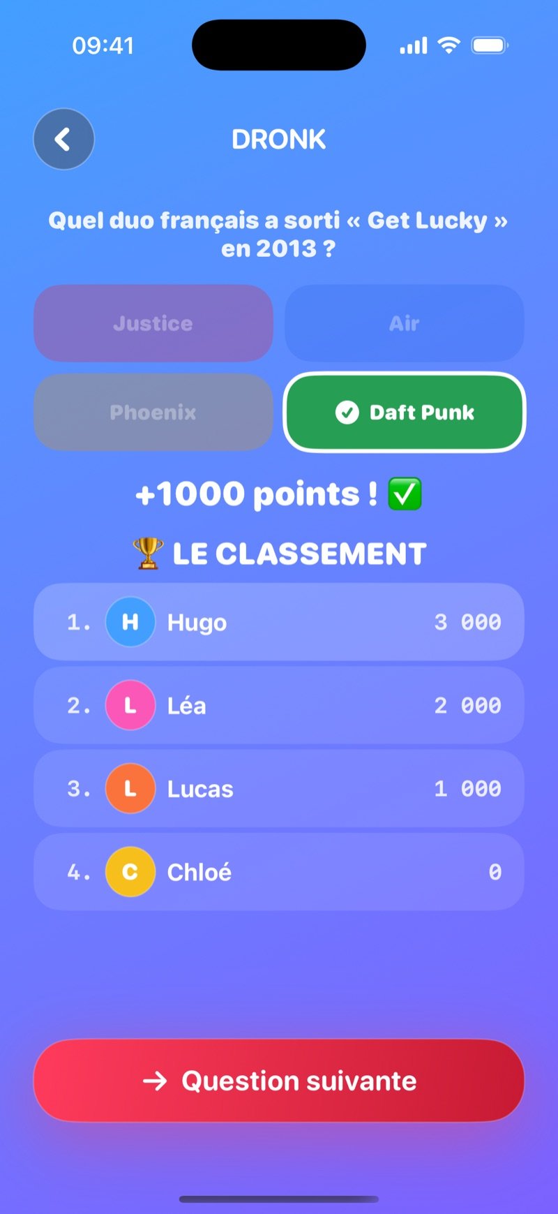 Révélation dans Le Quiz : Who plays Harry Potter in the movies? avec Daniel Radcliffe marqué comme correct, une bannière +1000 points!, et The Standings : 1. Jacob 3,000, 2. Olivia 2,000, 3. Jake 1,000, 4. Mia 0, plus un bouton Next question (capture de la version anglaise)