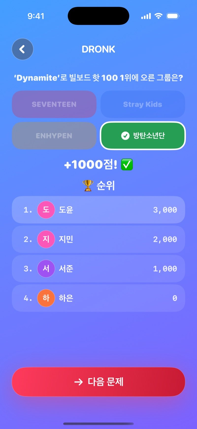 퀴즈의 정답 공개: Who plays Harry Potter in the movies?에 Daniel Radcliffe가 정답으로 표시되고, +1000 points! 배너, 그리고 The Standings: 1. Jacob 3,000, 2. Olivia 2,000, 3. Jake 1,000, 4. Mia 0, 그리고 Next question 버튼 (영어판 화면)