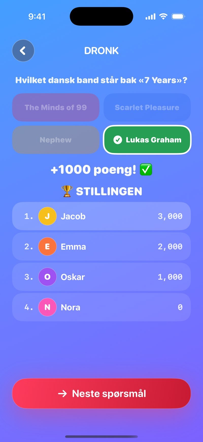Fasit i Quizen: spørsmålet Hvilket dansk band står bak «7 Years» med Lukas Graham markert grønt, banneret +1000 poeng, overskriften Stillingen med Jacob 3.000, Emma 2.000, Oskar 1.000 og Nora 0, og knappen Neste spørsmål