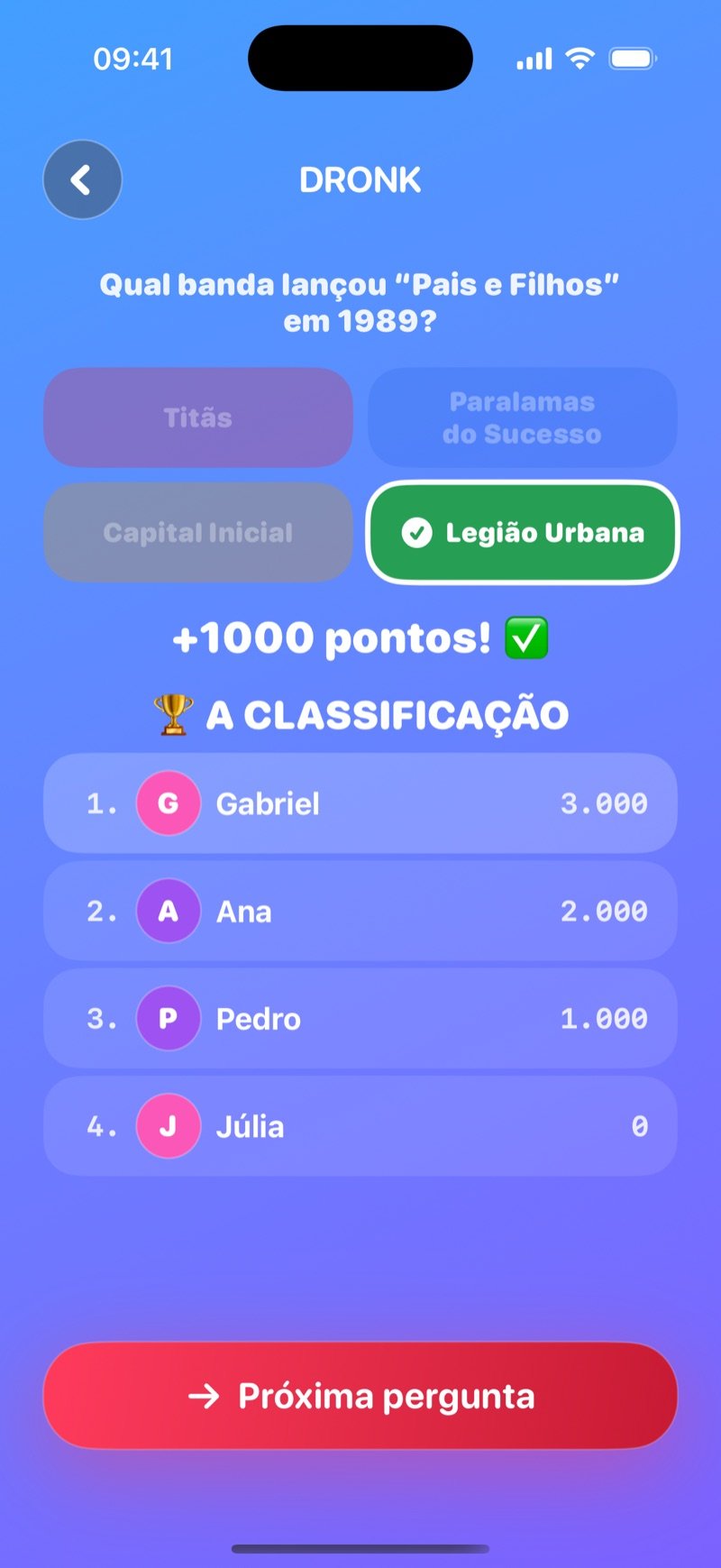 Revelação no Quiz: Who plays Harry Potter in the movies? com Daniel Radcliffe marcado como certo, um banner +1000 points!, e The Standings: 1. Jacob 3,000, 2. Olivia 2,000, 3. Jake 1,000, 4. Mia 0, mais um botão Next question (captura da versão em inglês)