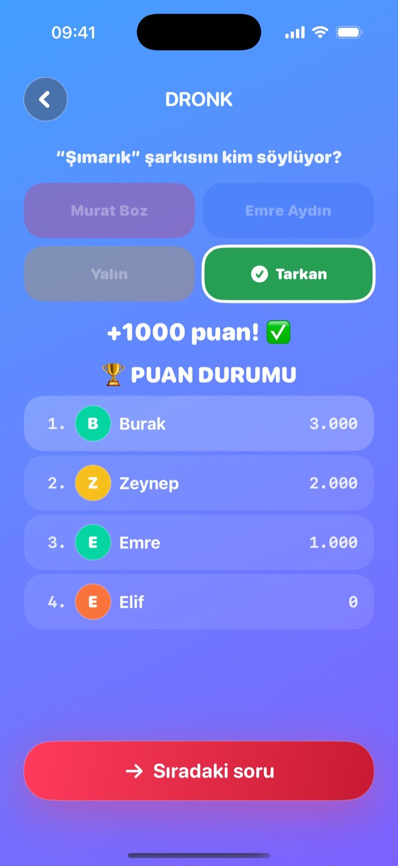Quiz'de açıklama: işaretlenmiş doğru cevap, kazanılan puan bildirimi ve her oyuncunun puanıyla puan durumu, ayrıca Sıradaki soru düğmesi