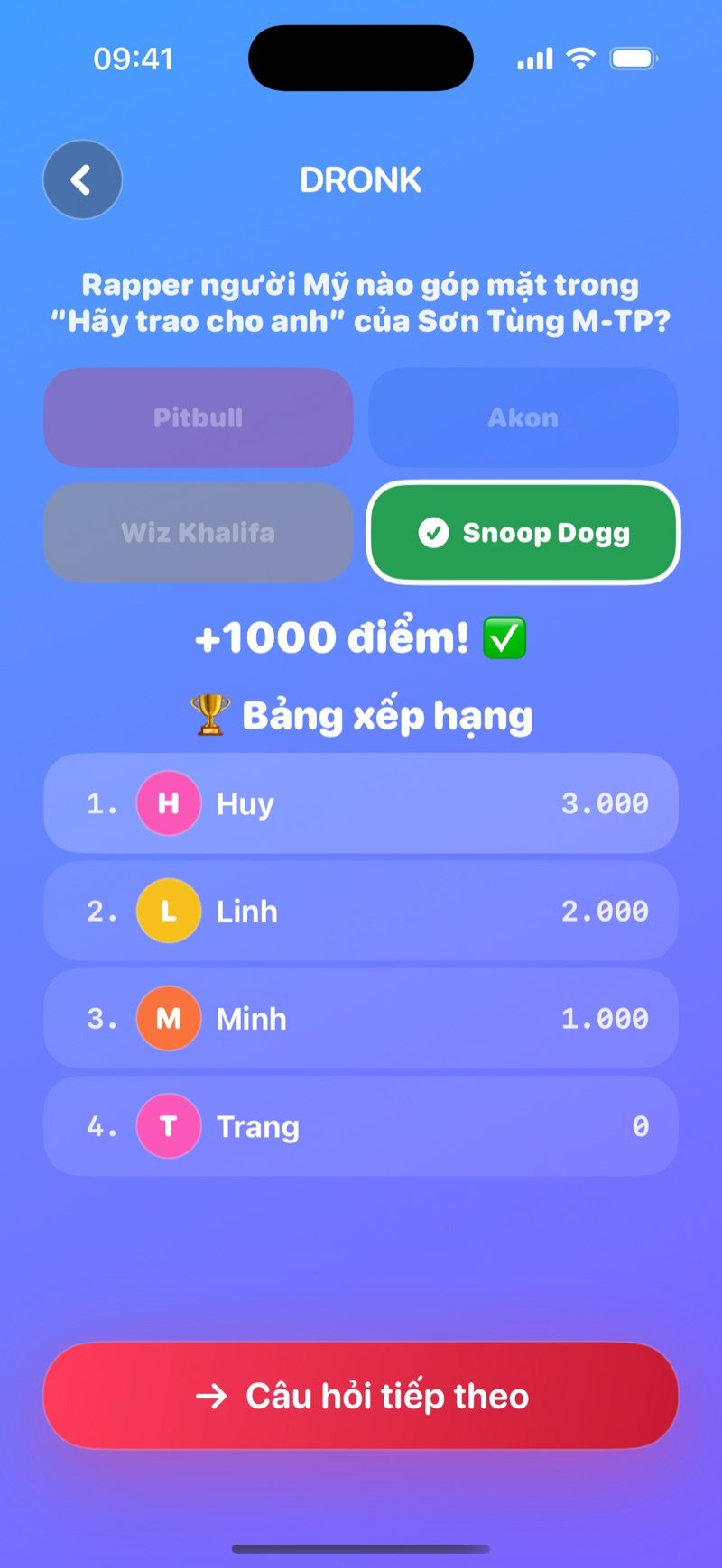 Màn lật đáp án trong Đố vui: đáp án đúng được đánh dấu, dòng điểm cộng cho người trả lời đúng, bảng xếp hạng của cả phòng và nút Câu hỏi tiếp theo