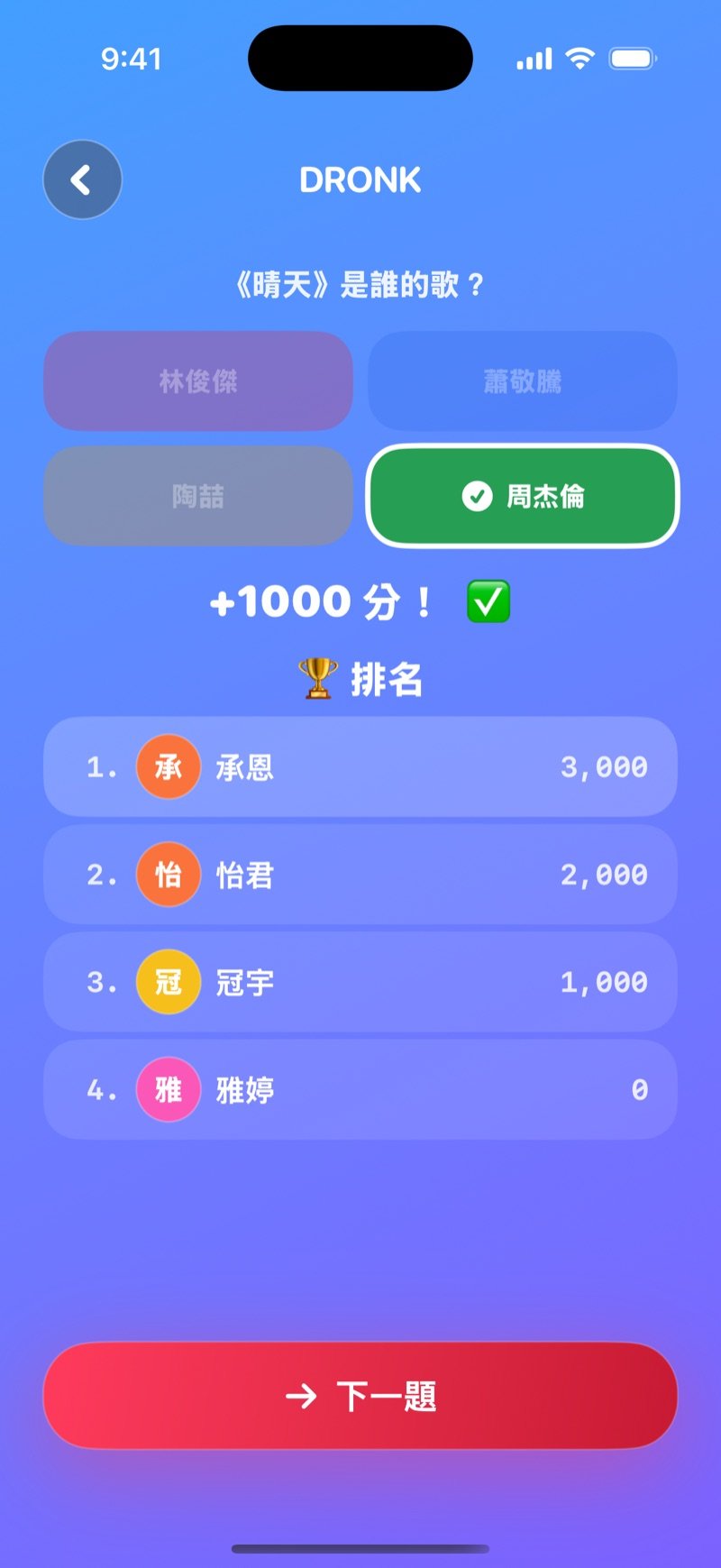 「問答」公布答案的畫面：正確答案被標出來、得分提示，以及每位玩家分數的排名，下方是「下一題」按鈕