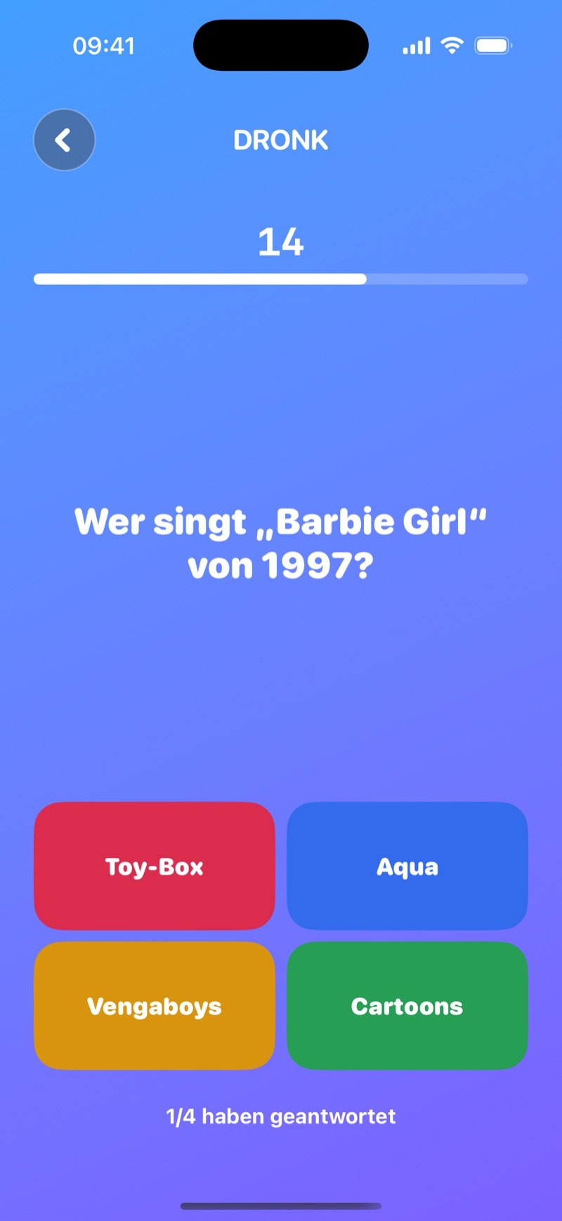 Das Quiz in Dronk: eine Live-Frage, What is the name of the town where Stranger Things takes place?, mit vier farbigen Antwort-Buttons, einem Countdown bei 14 Sekunden und 1/4 have answered