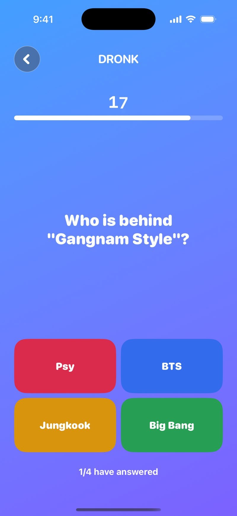 El Quiz en Dronk: una pregunta en directo, What is the name of the town where Stranger Things takes place?, con cuatro botones de respuesta de colores, una cuenta atrás de 14 segundos y 1/4 have answered