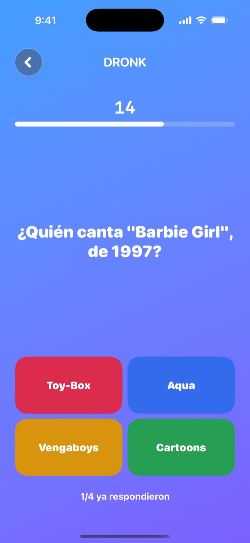La Trivia en Dronk: una pregunta en vivo con cuatro botones de colores para responder, una cuenta regresiva y cuántos jugadores ya contestaron