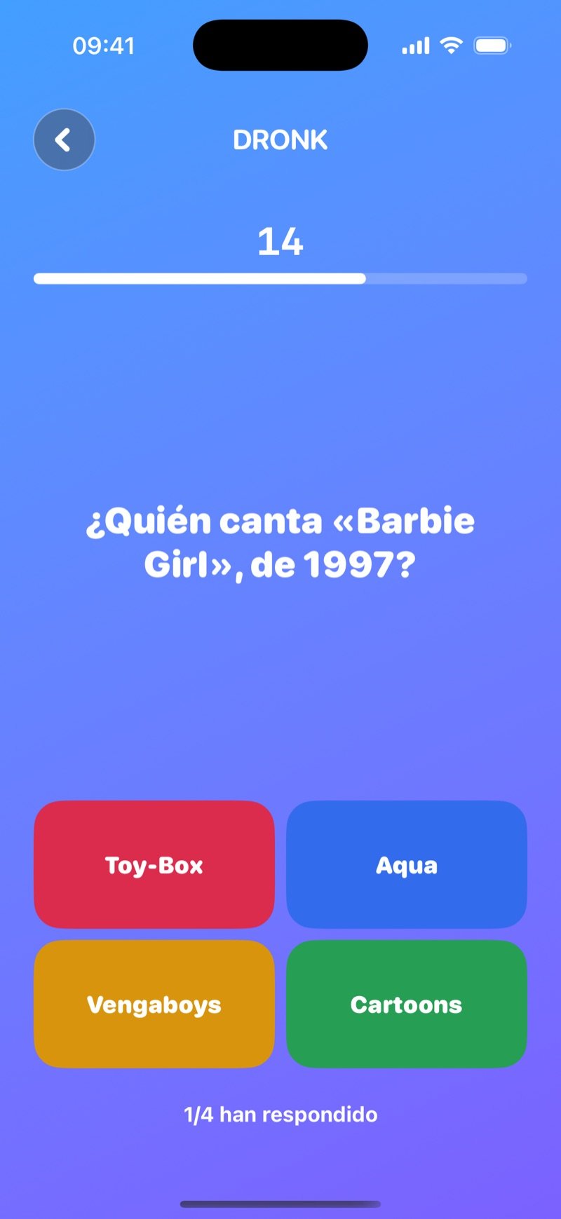 El Quiz en Dronk: una pregunta en directo, What is the name of the town where Stranger Things takes place?, con cuatro botones de respuesta de colores, una cuenta atrás de 14 segundos y 1/4 have answered (captura de la versión en inglés)
