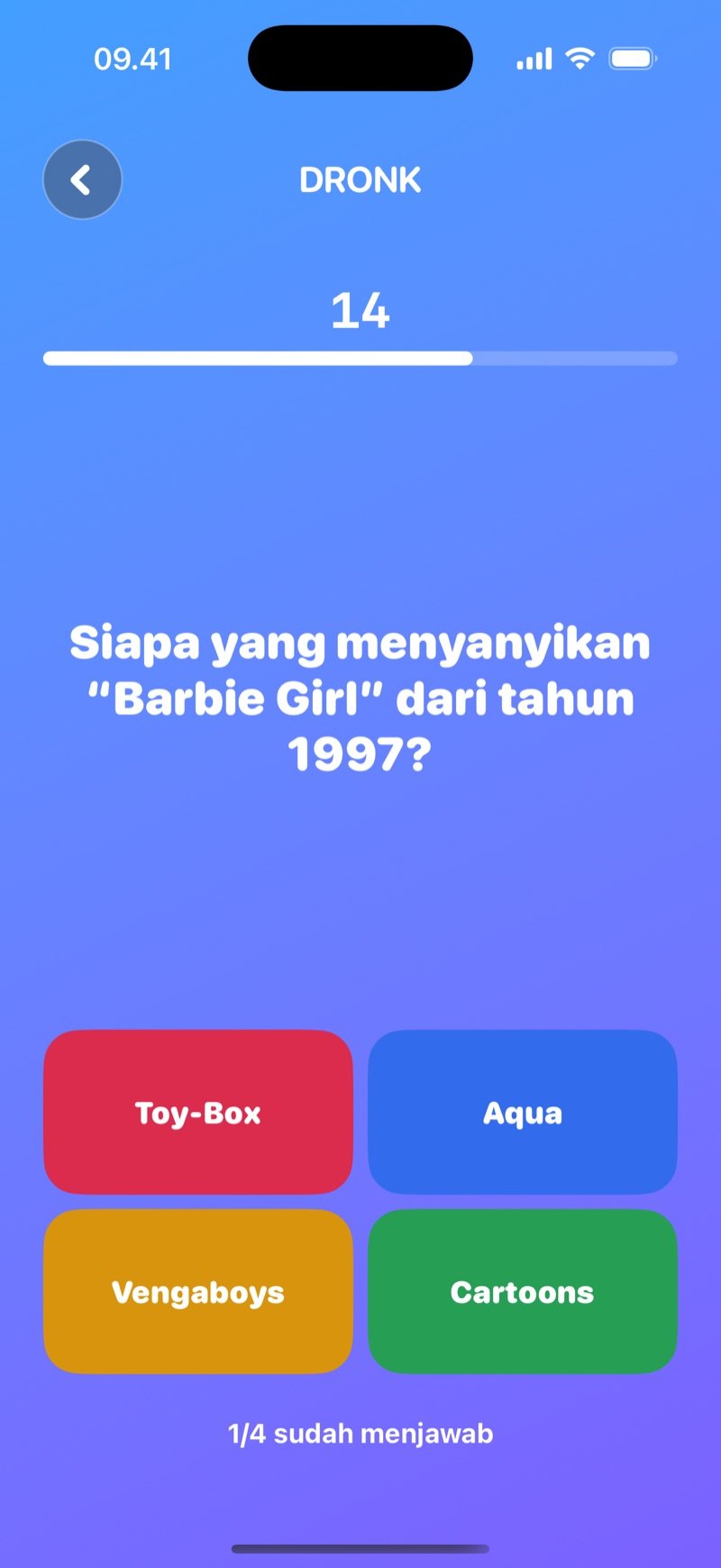 Kuis di Dronk: satu soal live dengan empat tombol jawaban berwarna, hitung mundur dan jumlah pemain yang sudah menjawab