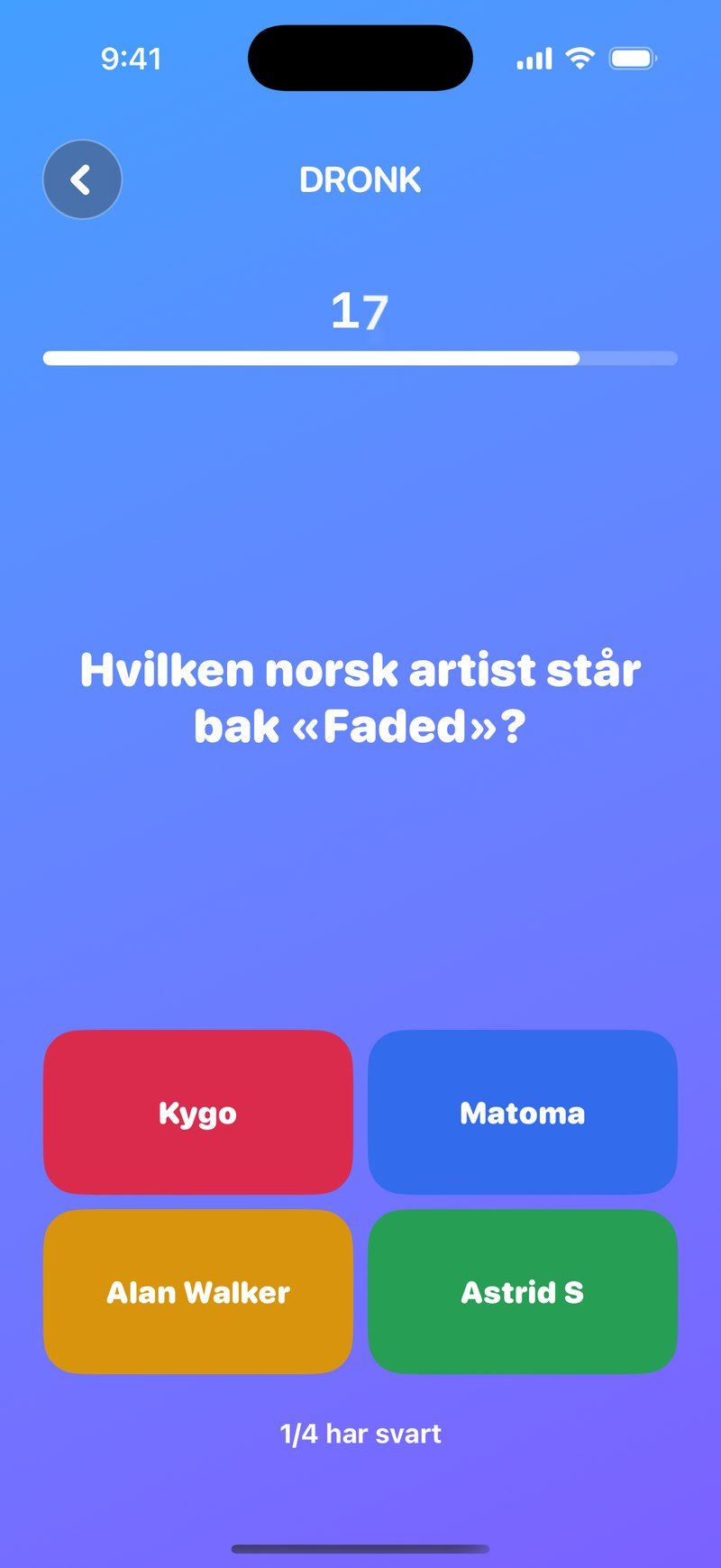 Quizen i Dronk: spørsmålet om hvilken norsk artist som står bak «Faded», med fire svar på egen telefon