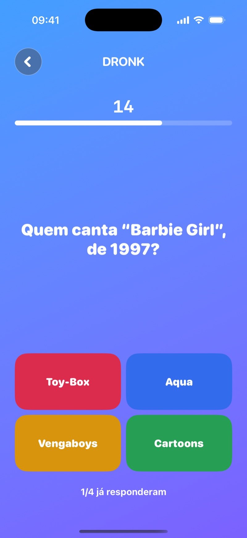 O Quiz no Dronk: uma pergunta ao vivo, What is the name of the town where Stranger Things takes place?, com quatro botões de resposta coloridos, contagem regressiva de 14 segundos e 1/4 have answered (captura da versão em inglês)