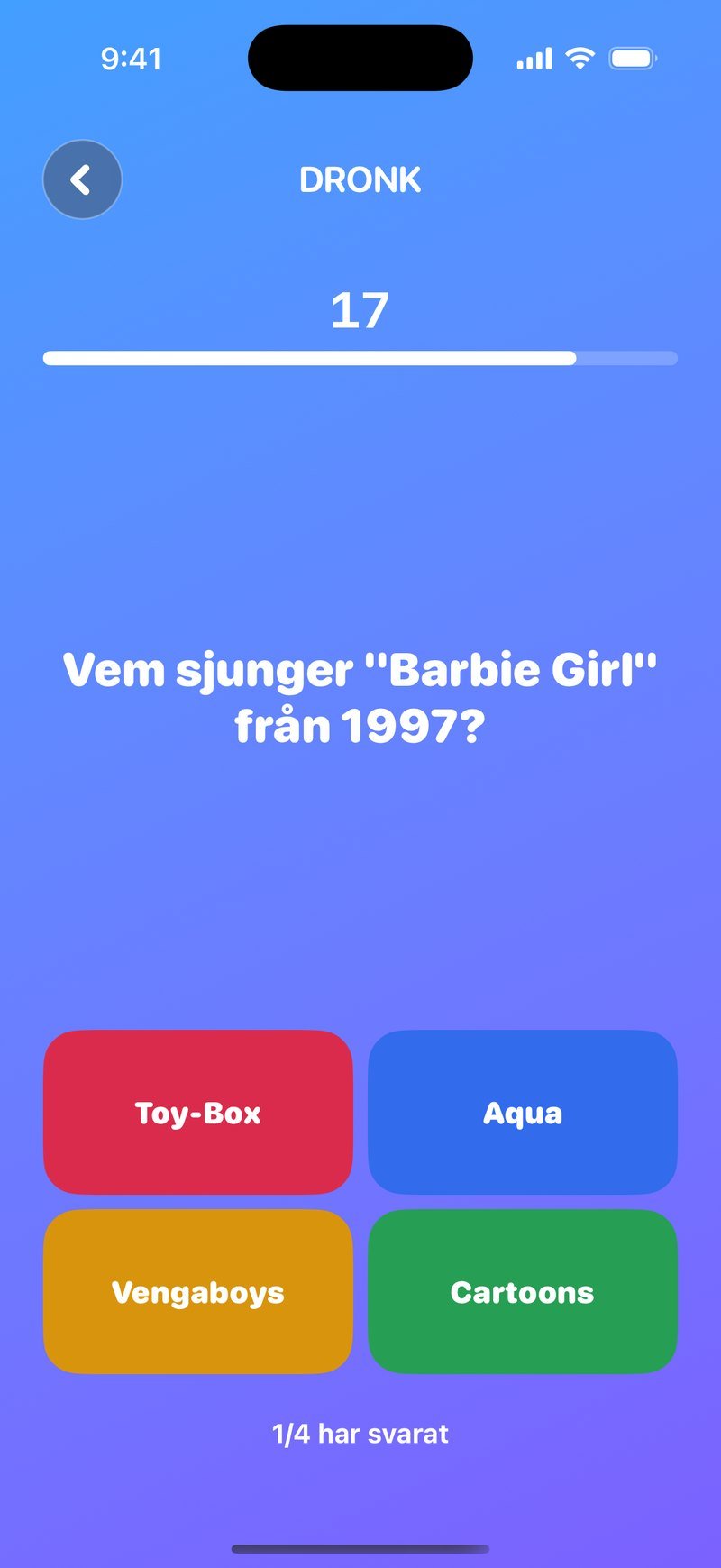 Quizen i Dronk: frågan Vem sjunger Barbie Girl från 1997 med fyra svarsknappar på egen telefon