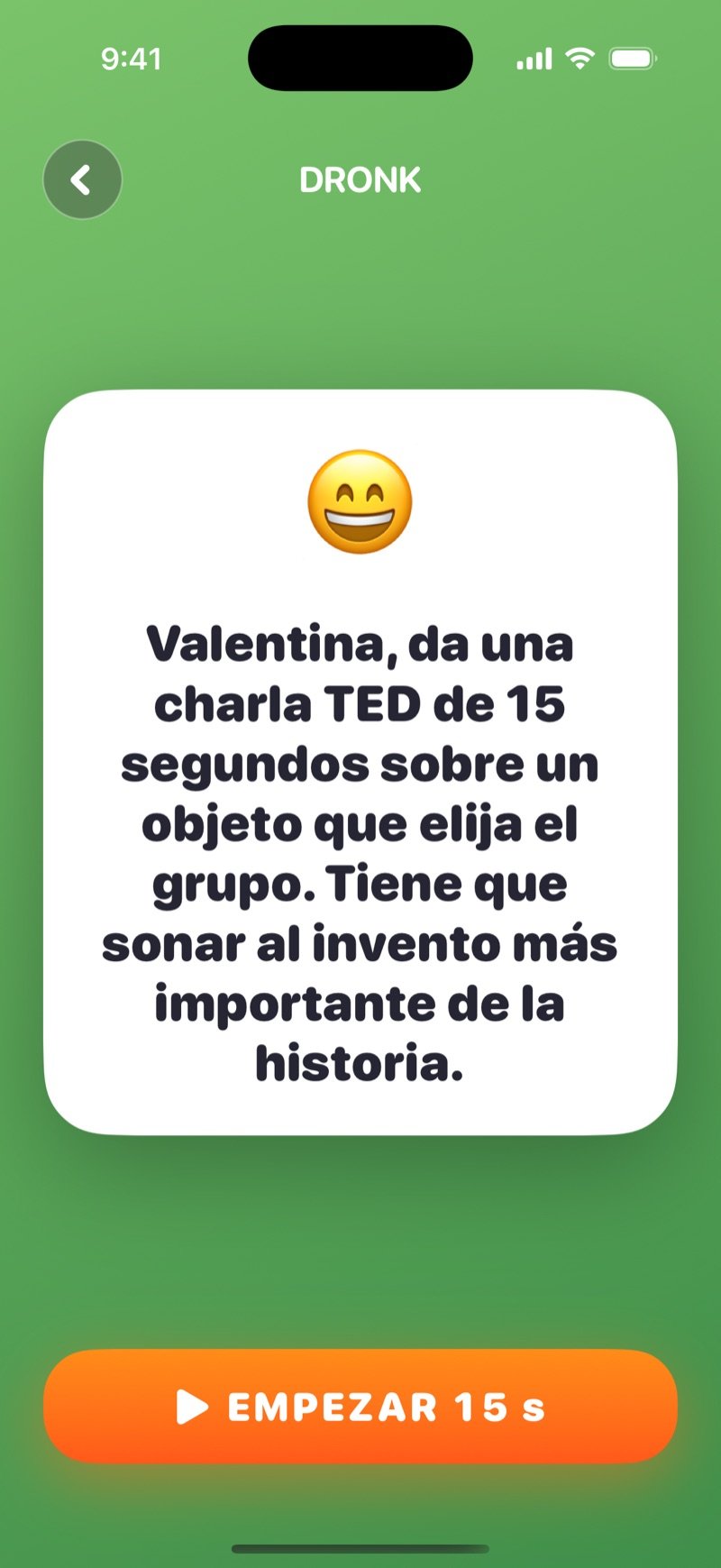 Carta de La Ruleta en Dronk: un reto con el nombre del jugador elegido y el botón Siguiente