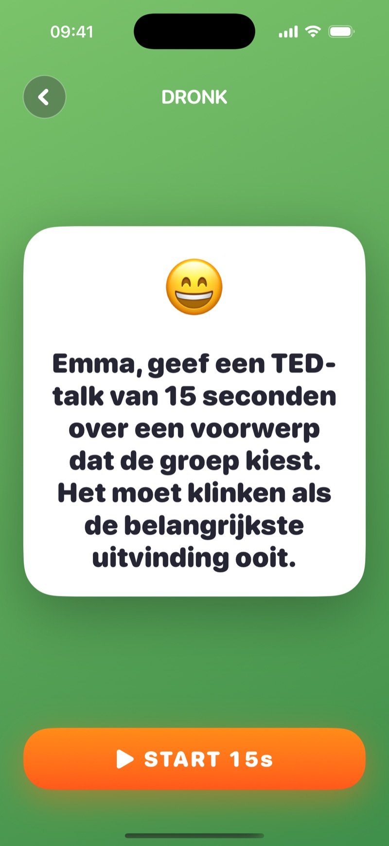 Roulette-kaart in Dronk: 'Olivia, give a 15-second TED talk about an object the group picks' met een Next-knop