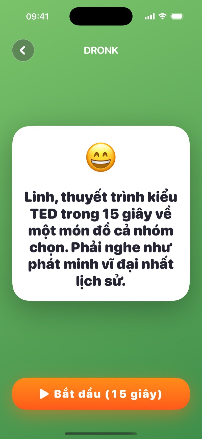 Thẻ Vòng quay trong Dronk: một thử thách ghi tên người được chọn, kèm nút Tiếp