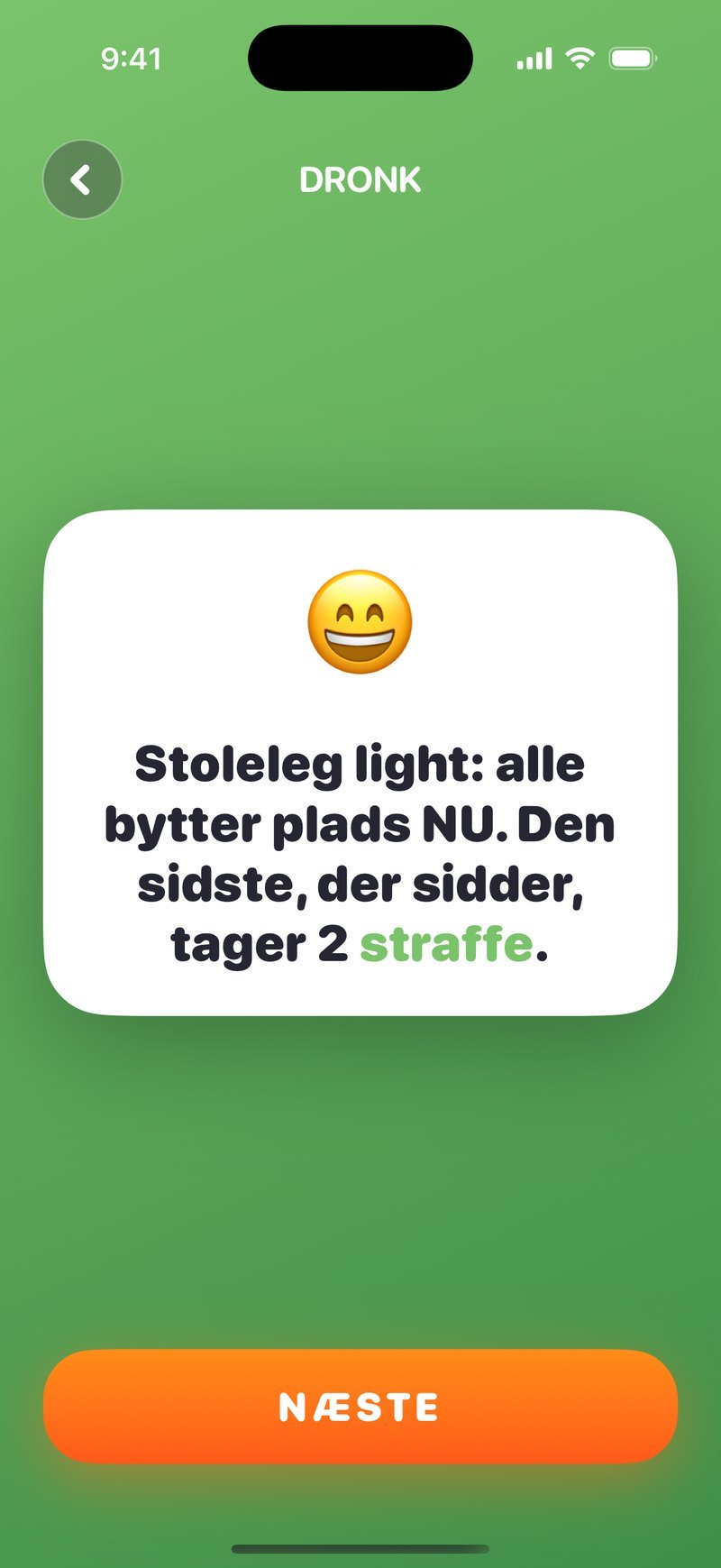 Et Alle-kort i Rouletten: Stoleleg light, alle bytter plads NU. Den sidste, der sidder, tager 2 straffe. Med knappen NÆSTE