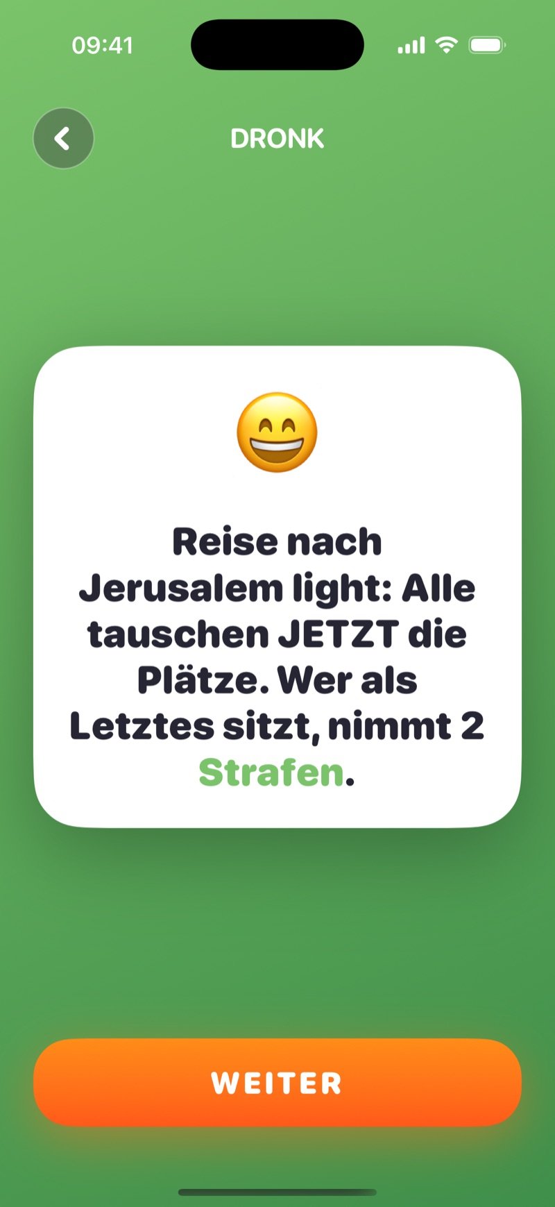 Eine Roulette-Karte für alle in Dronk: 'Musical chairs light: everyone swap seats NOW. Last one seated takes 2 penalties.' mit einem Next-Button