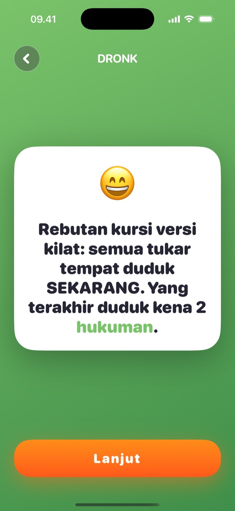 Kartu untuk semua di Roda Putar Dronk: tantangan untuk seluruh meja, dengan tombol Lanjut