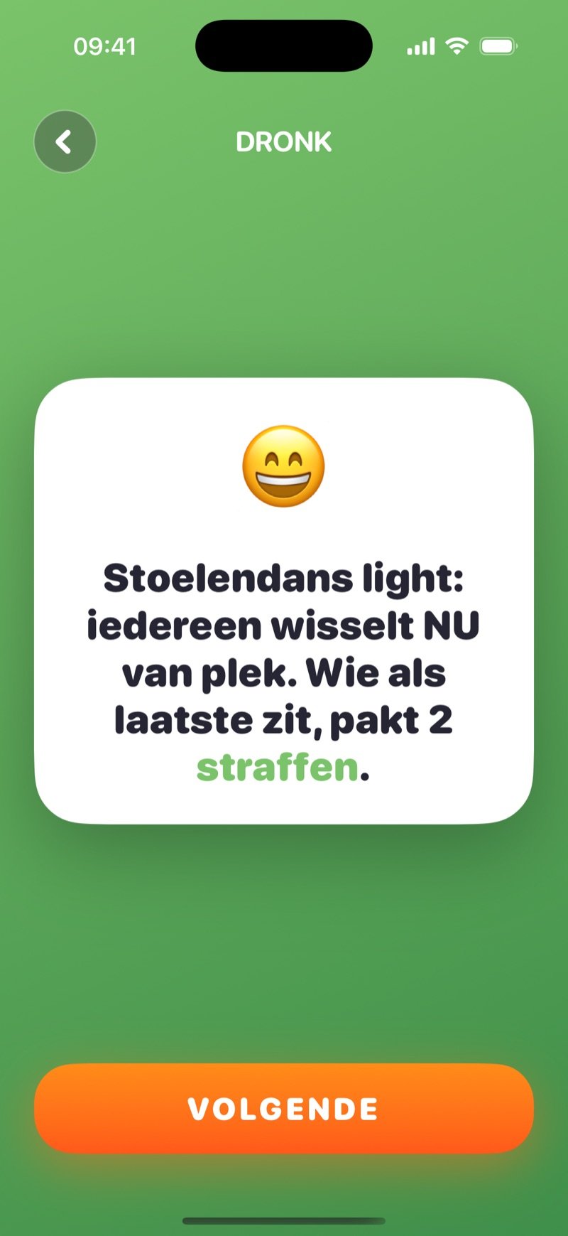 Roulette-kaart voor iedereen in Dronk: 'Musical chairs light: everyone swap seats NOW. Last one seated takes 2 penalties.' met een Next-knop