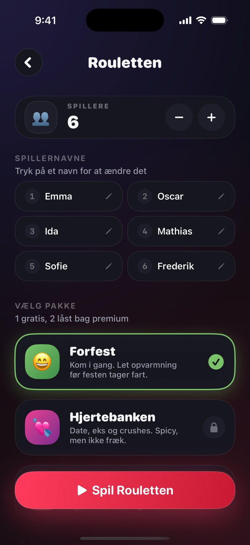 Opsætningen i Rouletten: 6 spillere med navnene Emma, Oscar, Ida, Mathias, Sofie og Frederik, pakken Forfest valgt, Hjertebanken under den og knappen Spil Rouletten