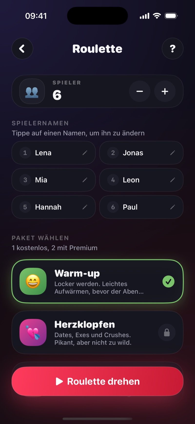 Das Setup von Roulette in Dronk: sechs Spieler mit Namen, das Pack Warmup angehakt und ein Button Spin the Roulette