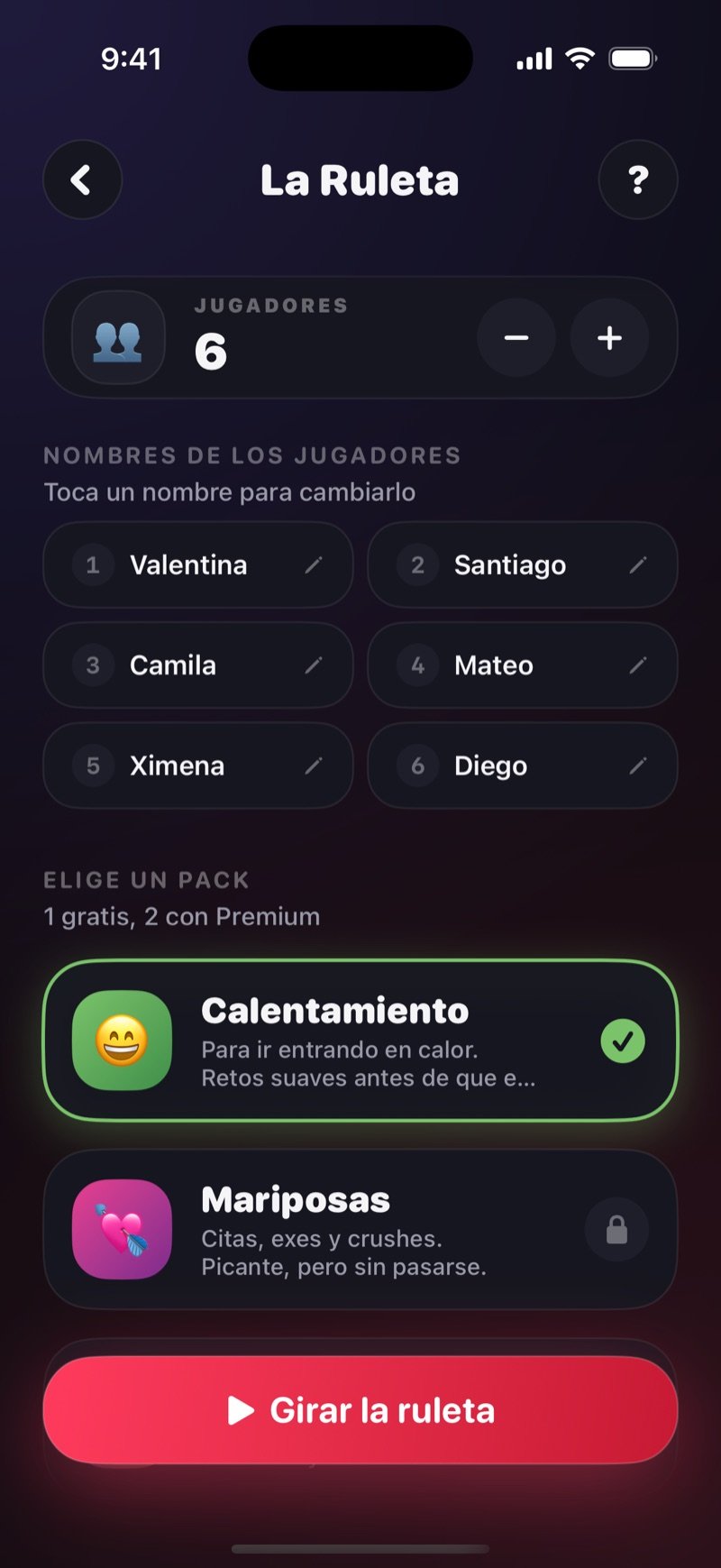 Configuración de La Ruleta en Dronk: los jugadores con sus nombres, el pack elegido y el botón Girar la ruleta