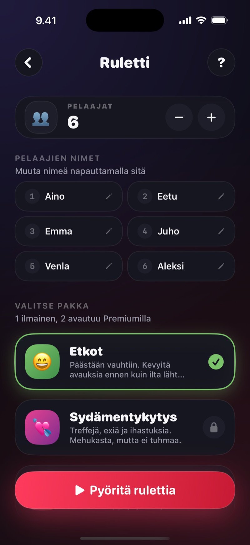 Ruletin asetukset Dronkissa: pelaajat nimineen, pakan valinta ja Pyöritä rulettia -painike