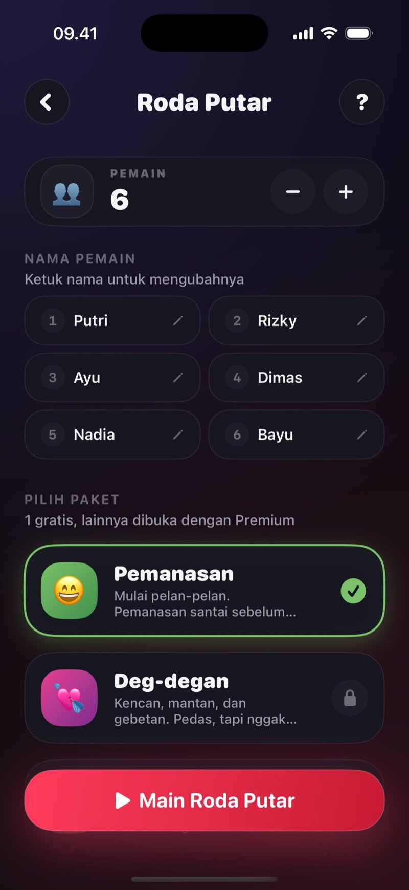 Setup Roda Putar di Dronk: enam pemain dengan nama, paket Pemanasan tercentang, dan tombol Main Roda Putar