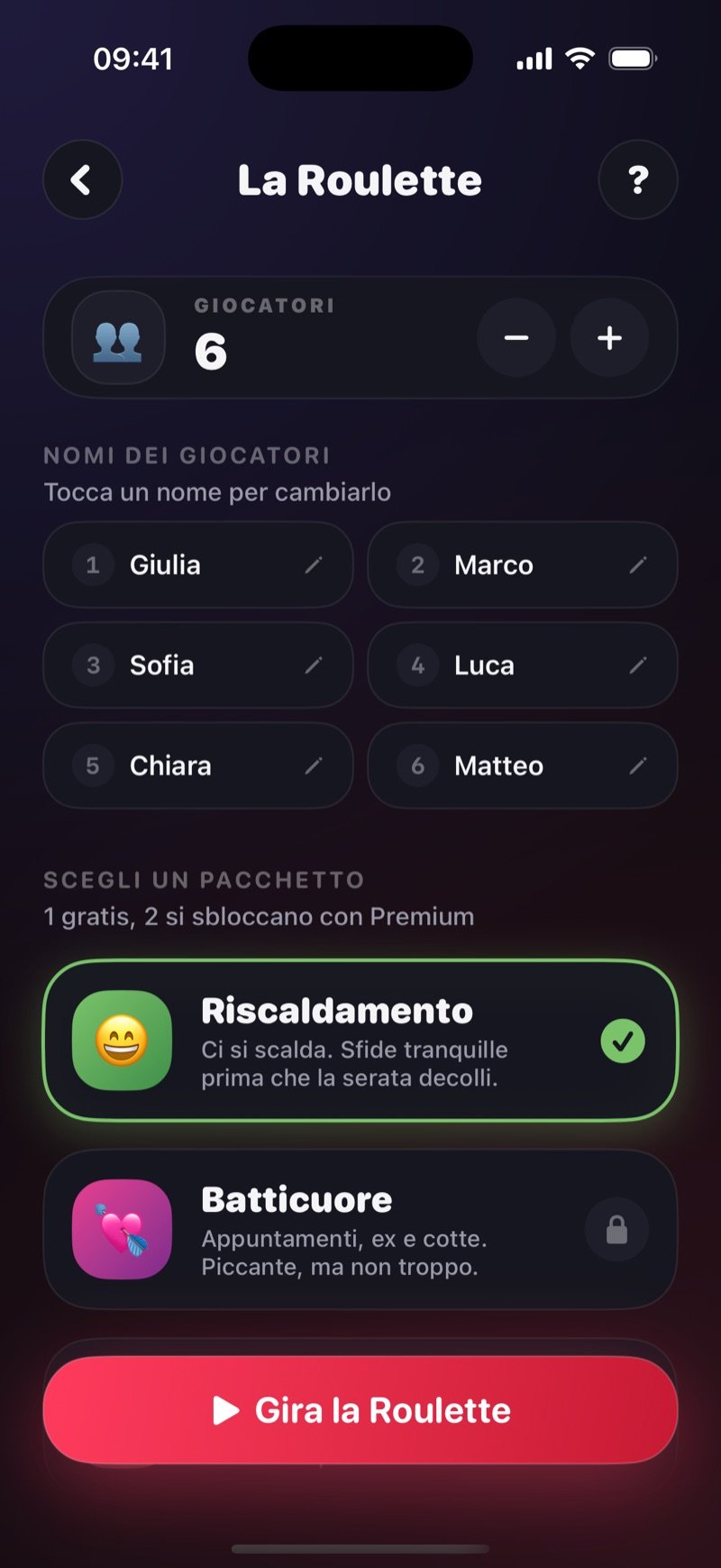 La preparazione della Roulette in Dronk: sei giocatori con i nomi, il pacchetto Warmup selezionato e un pulsante Spin the Roulette